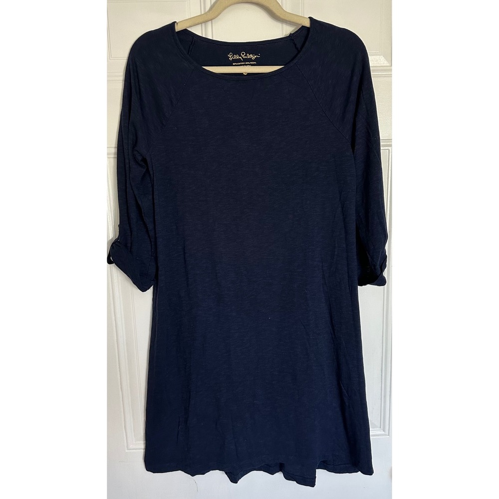 Lilly Pulitzer Navy Blue Cotton Modal Slub 3/4 Roll Tab Sleeve T-Shirt Dress S